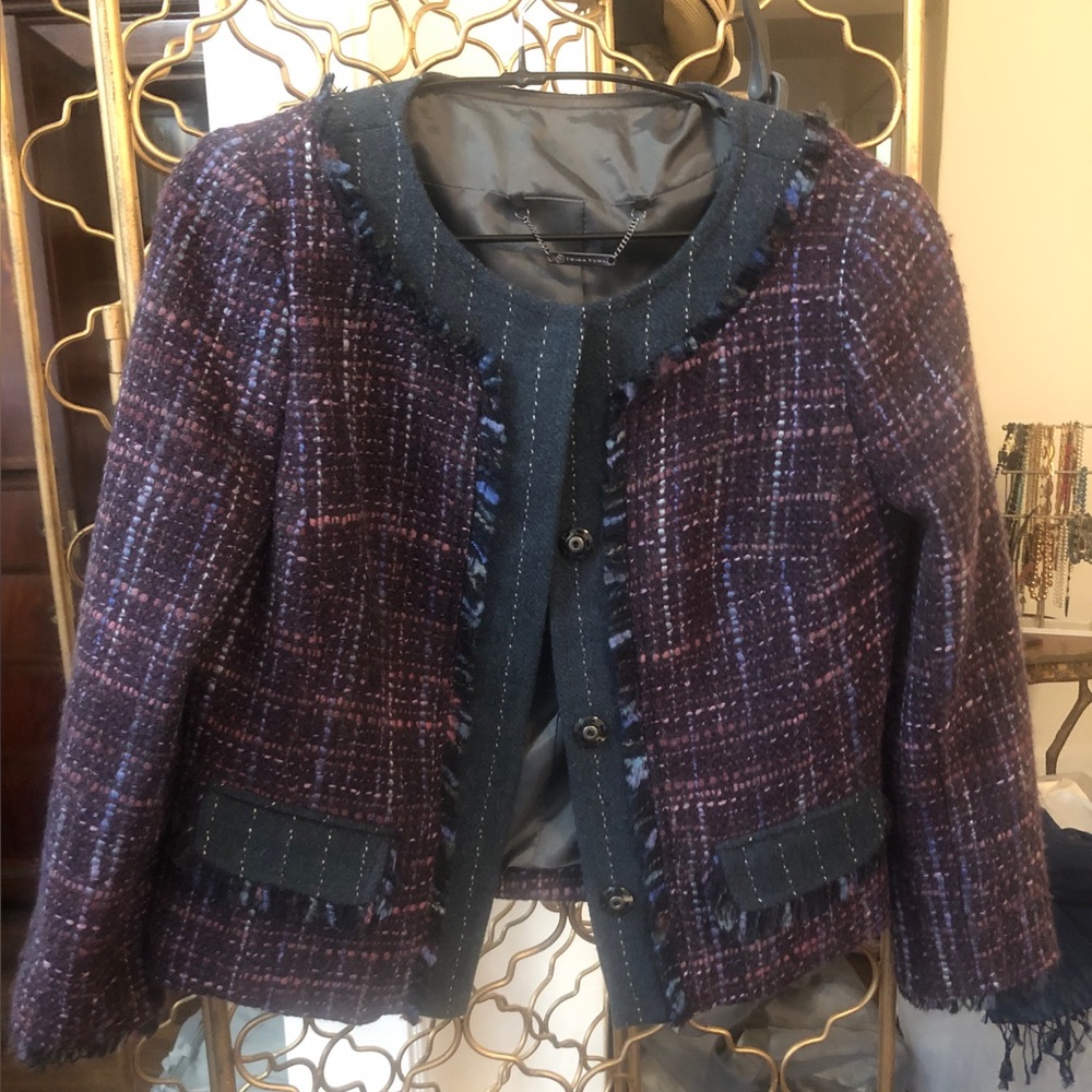 Trina Turk Cropped Tweed Jacket Collarless Fully Lined Sz.4 Genuine